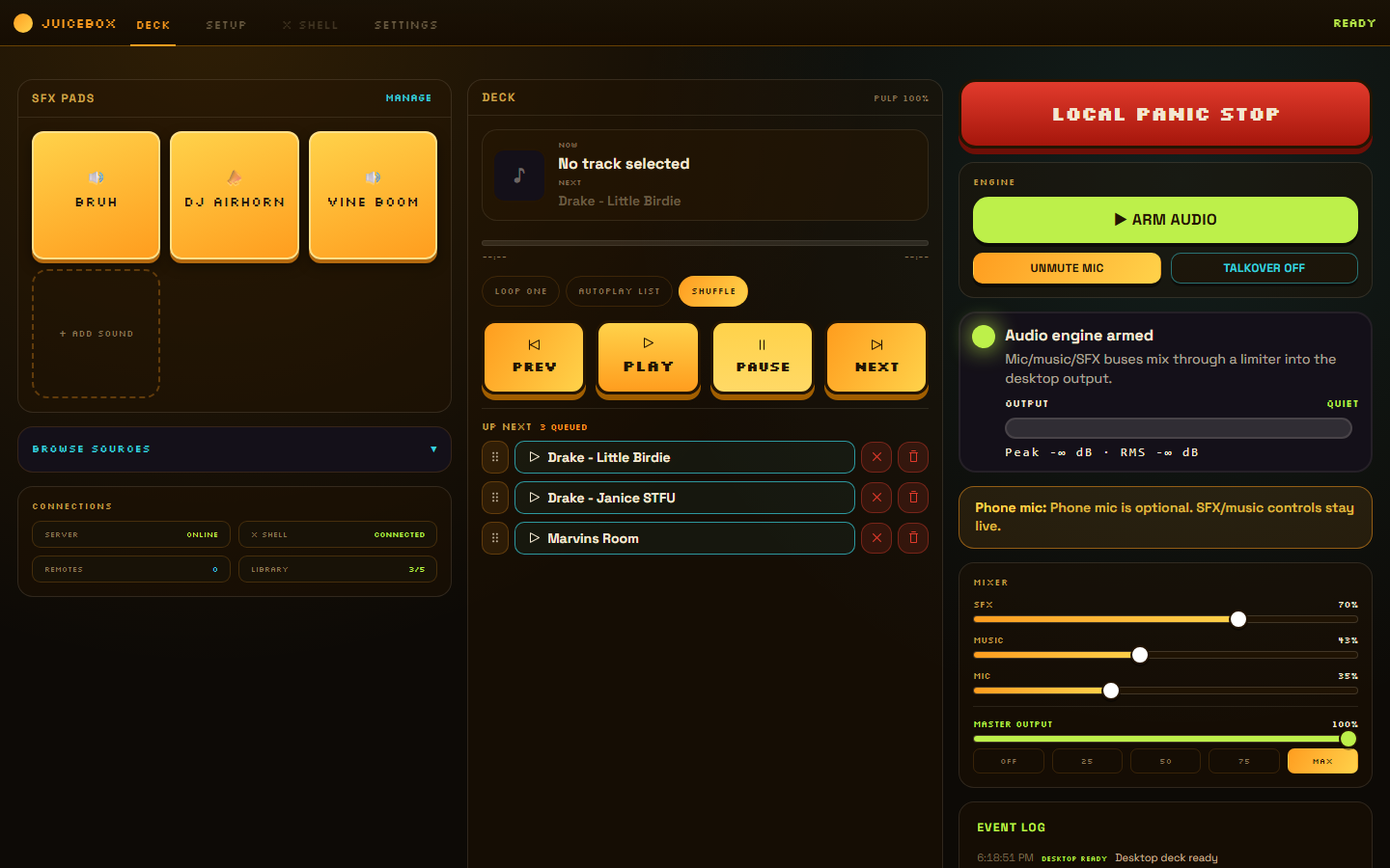 The JUICEBOX desktop cockpit — SFX pads, music player with an UP NEXT queue, faders, level meters, a big red PANIC button, and x.com embedded inside the app