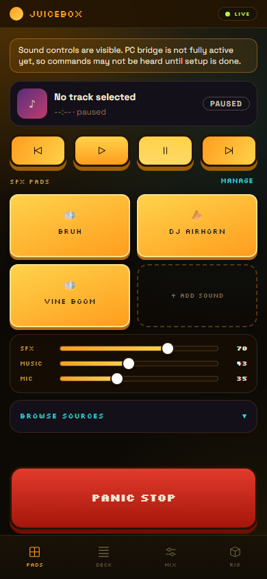 The JUICEBOX phone remote — a four-tab board (PADS, DECK, MIX, RIG) controlling the desktop app wirelessly